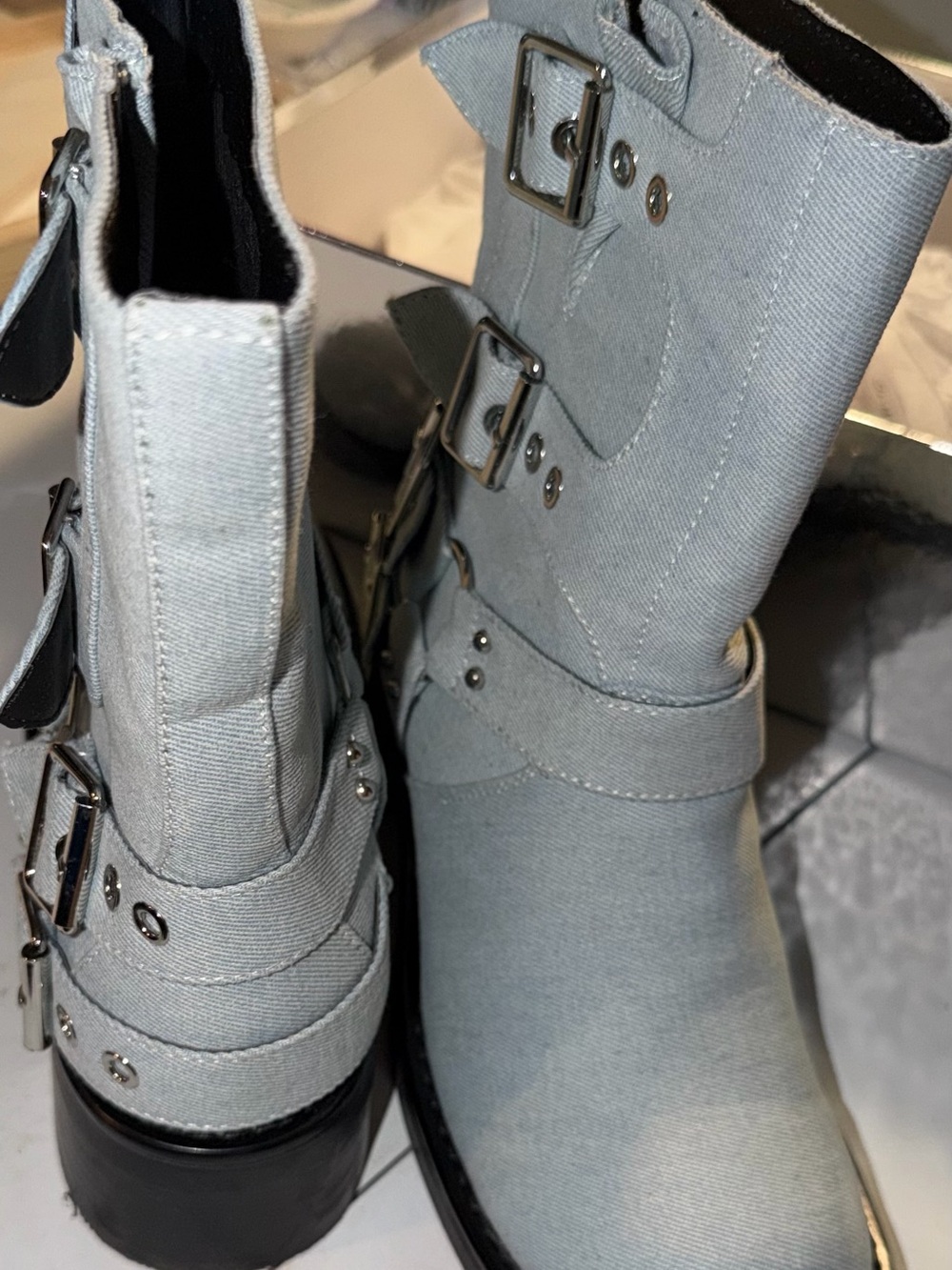Light Gray Canvas Women's Combat Boots with Buckle Accents